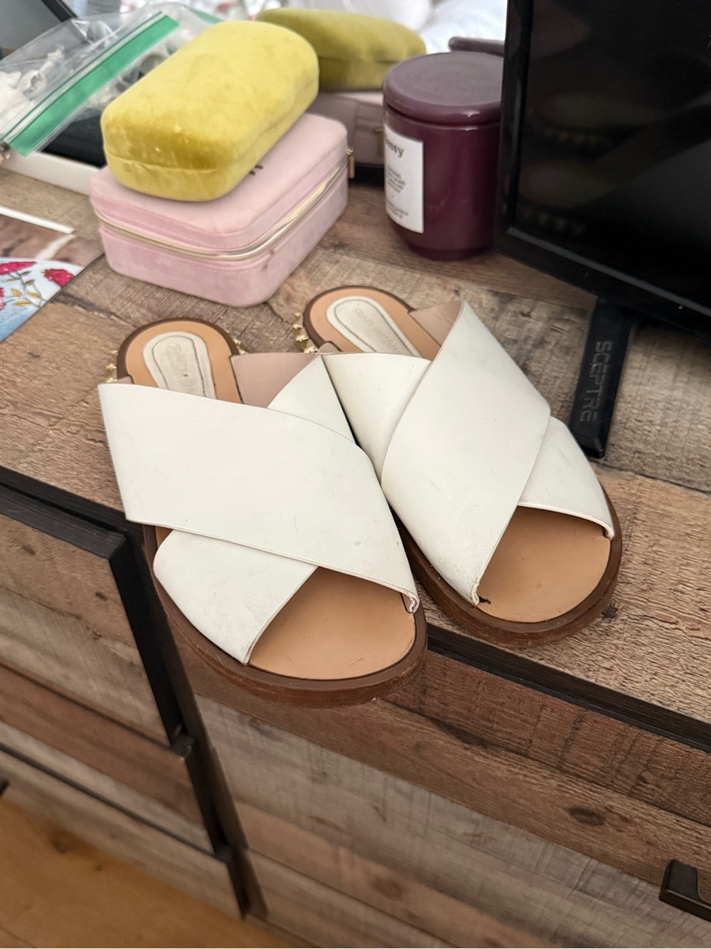 Stuart Weitzman White Crisscross Slide Sandals
